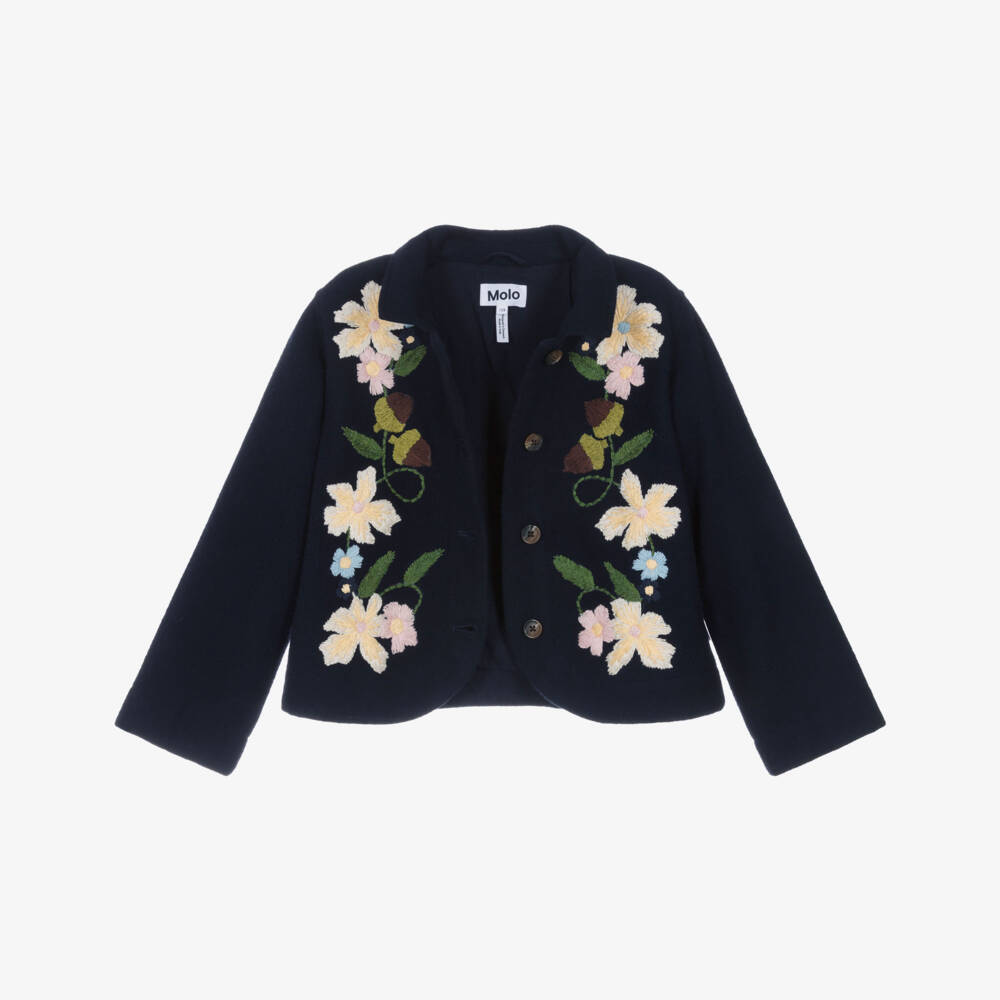 Molo-Girls Navy Blue Wool Embroidered Jacket | Childrensalon Outlet