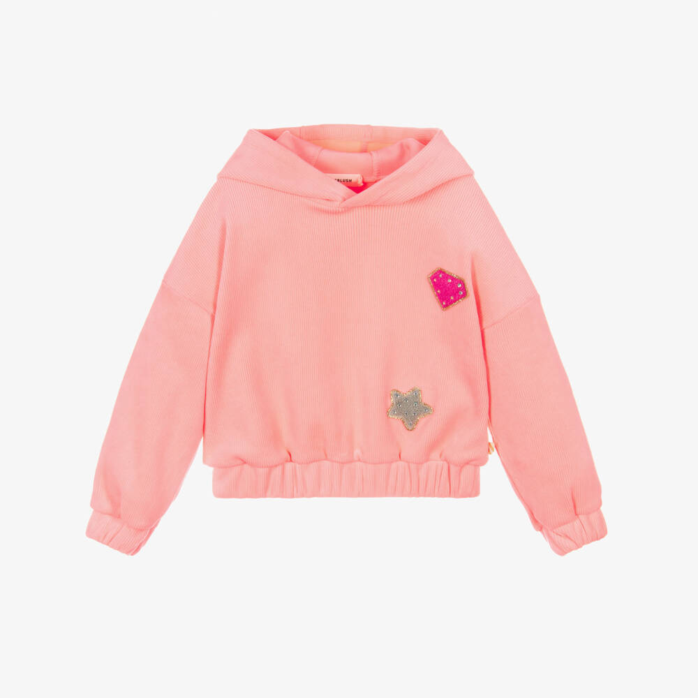 Billieblush-Girls Neon Coral Pink Ribbed Velour Hoodie | Childrensalon Outlet
