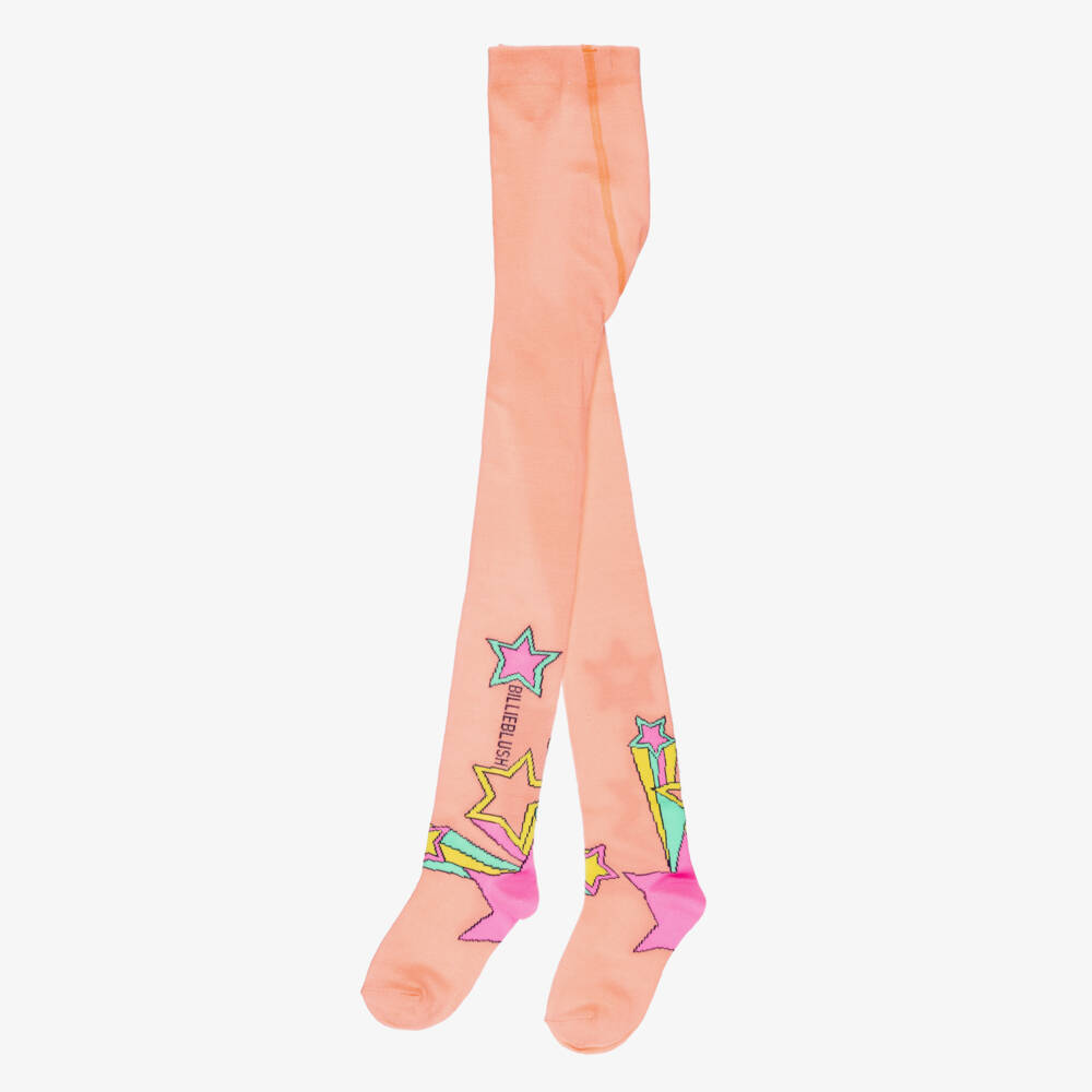 Billieblush-Girls Neon Orange Tights with Pink Shooting Stars | Childrensalon Outlet