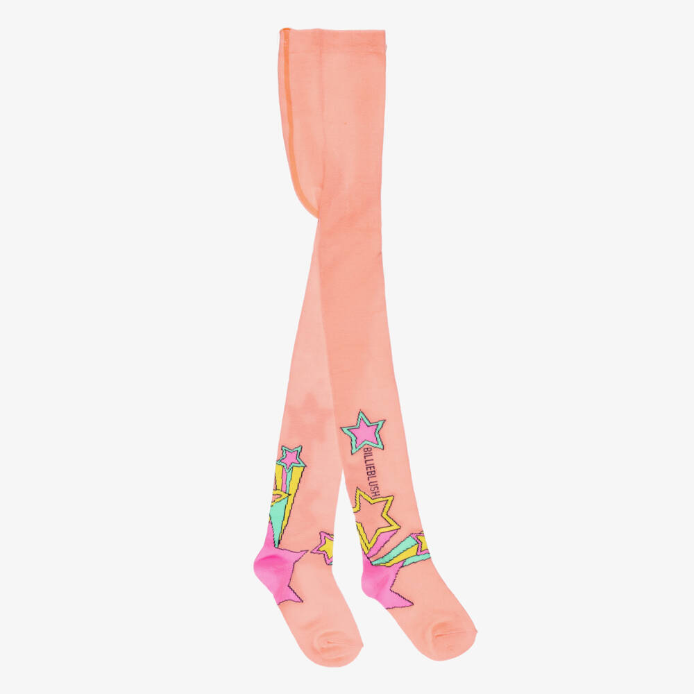 Billieblush-Girls Neon Orange Tights with Pink Shooting Stars | Childrensalon Outlet