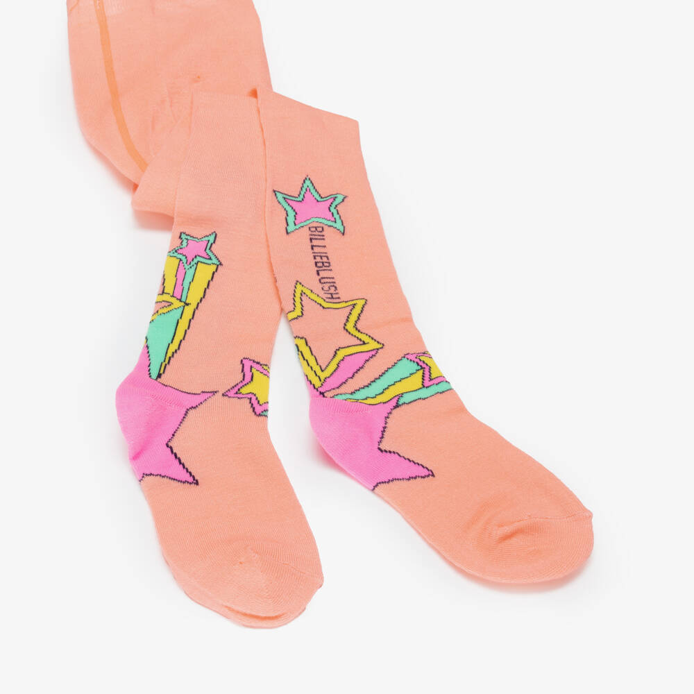Billieblush-Girls Neon Orange Tights with Pink Shooting Stars | Childrensalon Outlet