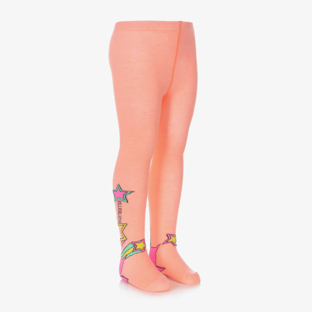 Billieblush-Girls Neon Orange Tights with Pink Shooting Stars | Childrensalon Outlet