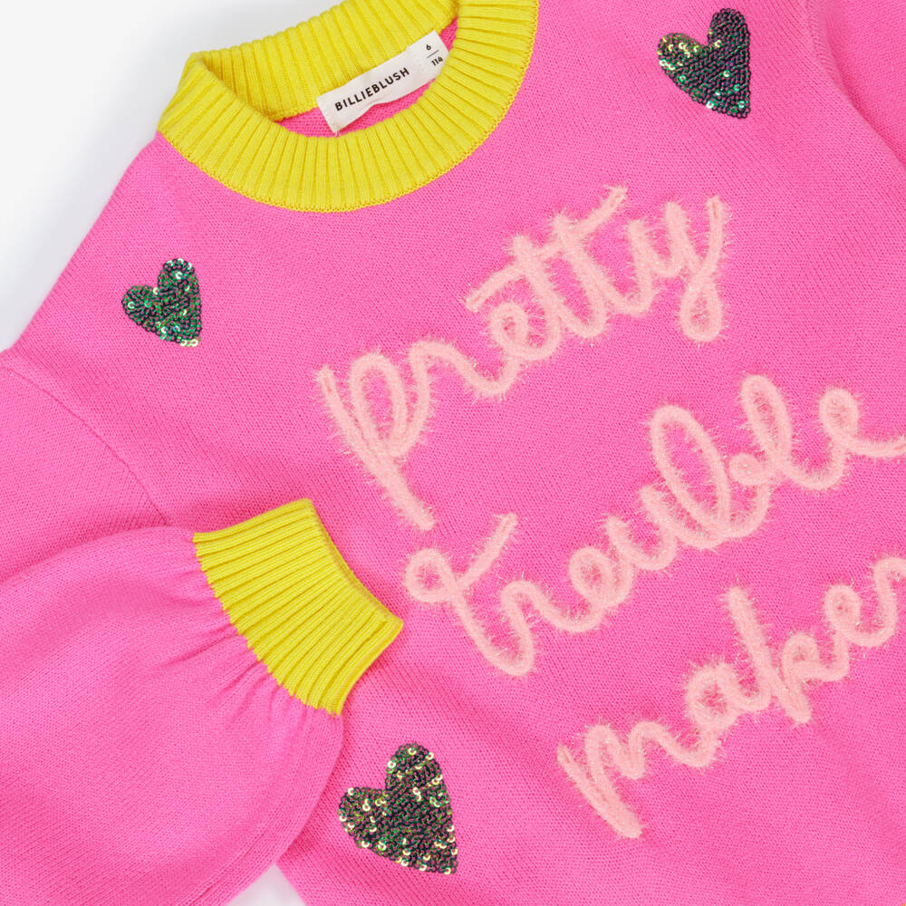 Billieblush-Girls Neon Pink Slogan Sweater with Sequin Hearts | Childrensalon Outlet