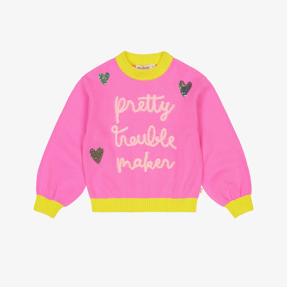 Billieblush-Girls Neon Pink Slogan Sweater with Sequin Hearts | Childrensalon Outlet
