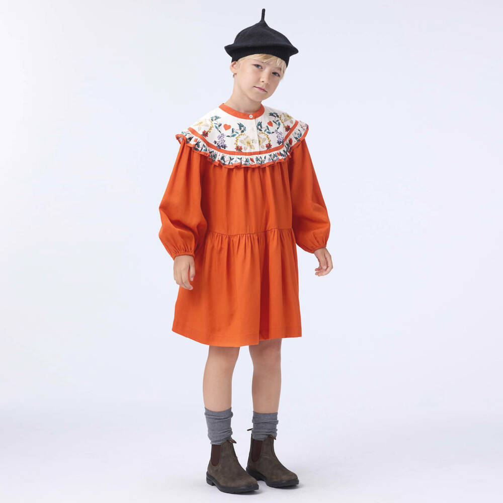 Molo-Girls Orange & Ivory Floral Long Sleeve Dress | Childrensalon Outlet