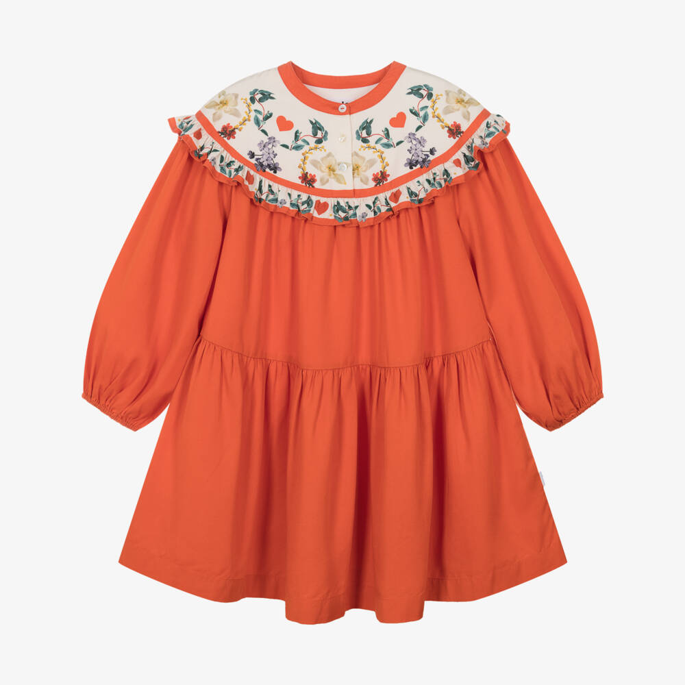 Molo-Girls Orange & Ivory Floral Long Sleeve Dress | Childrensalon Outlet