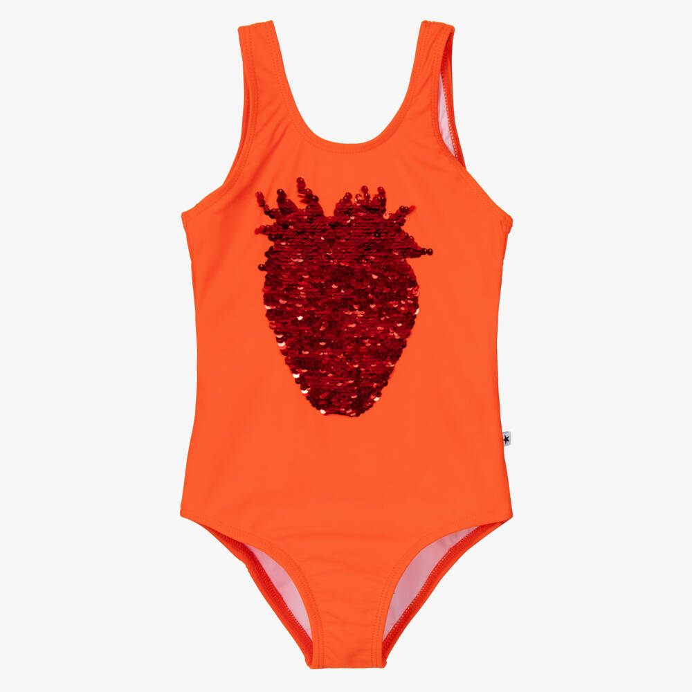 Molo-Girls Orange Sequinned Strawberry Swimsuit (UPF50+) | Childrensalon Outlet