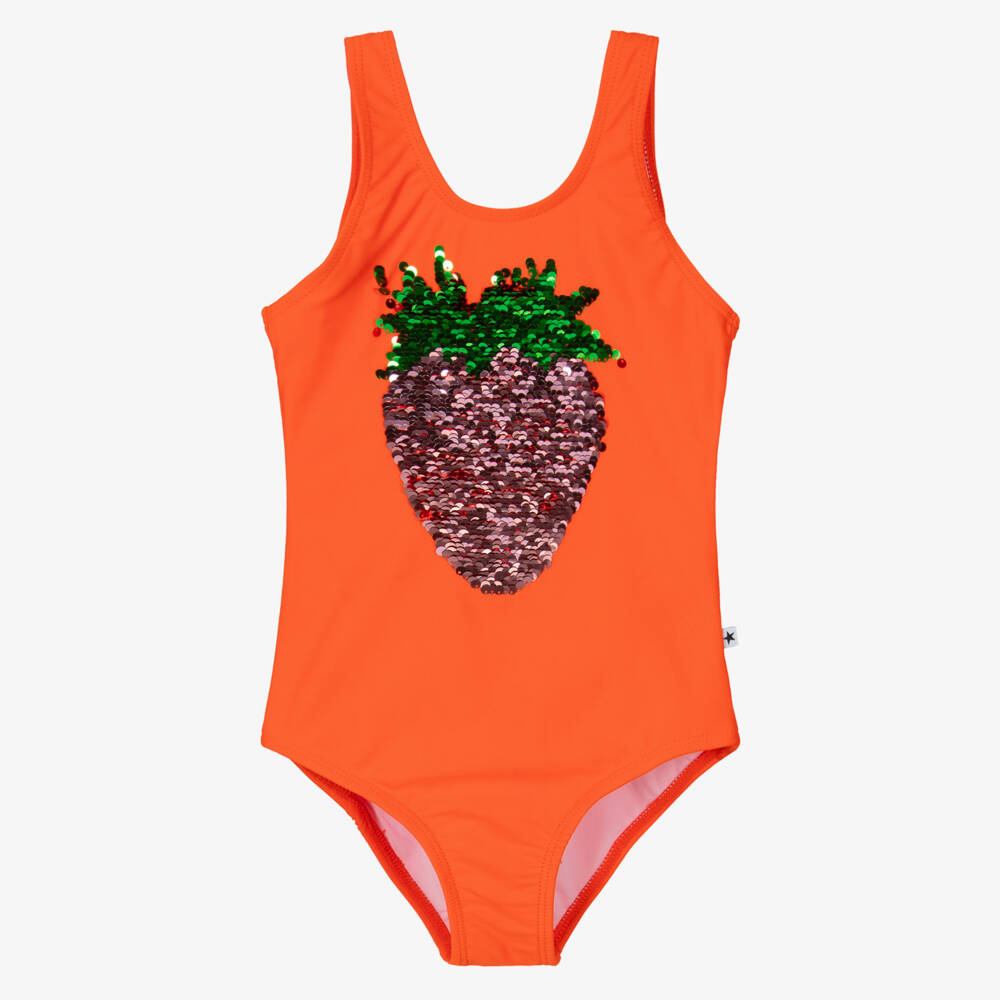Molo-Girls Orange Sequinned Strawberry Swimsuit (UPF50+) | Childrensalon Outlet