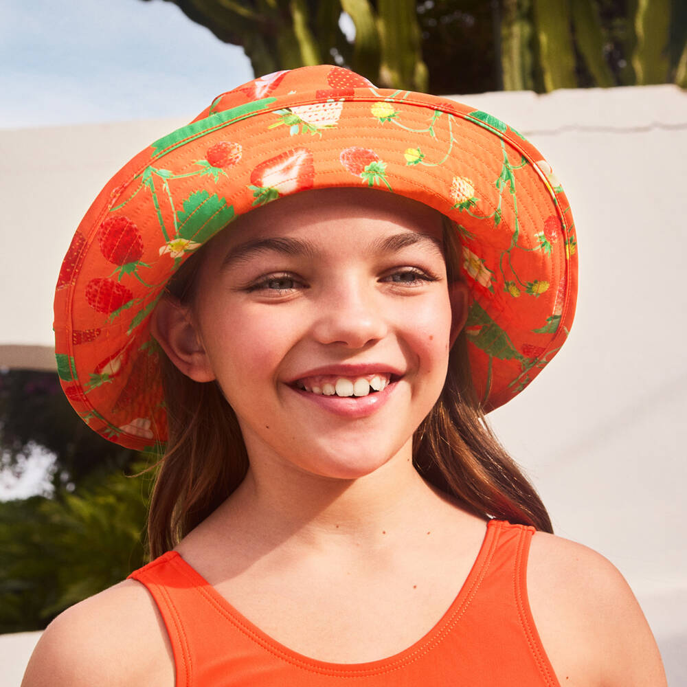 Molo-Girls Orange Strawberry Print Bucket Hat (UPF50+) | Childrensalon Outlet