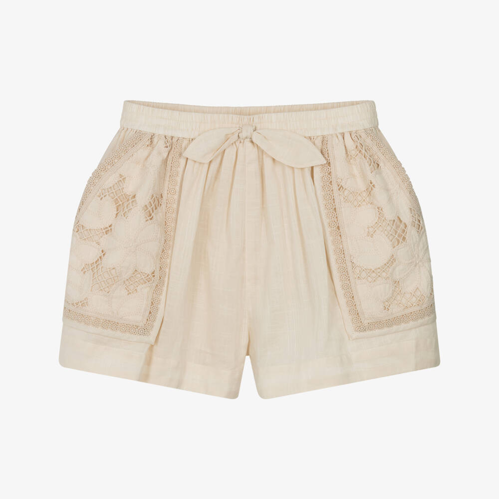 Zimmermann-Girls Pale Beige Broderie Anglaise Cotton Shorts | Childrensalon Outlet
