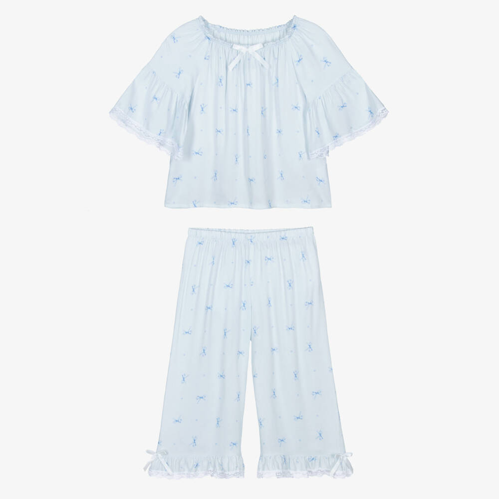AMIKI Children-Girls Pale Blue Bow Print Pyjamas with Lace Trims | Childrensalon Outlet