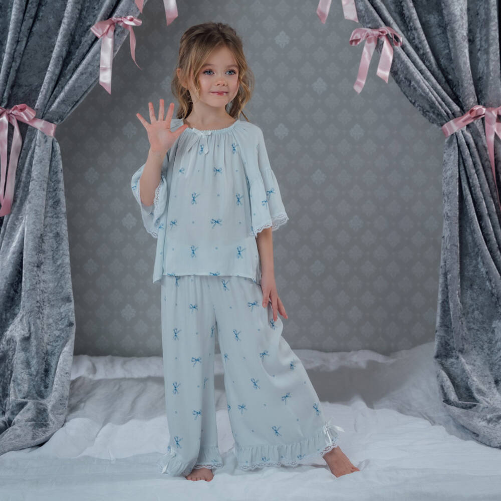 AMIKI Children-Girls Pale Blue Bow Print Pyjamas with Lace Trims | Childrensalon Outlet