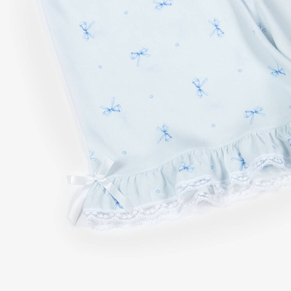 AMIKI Children-Girls Pale Blue Bow Print Pyjamas with Lace Trims | Childrensalon Outlet