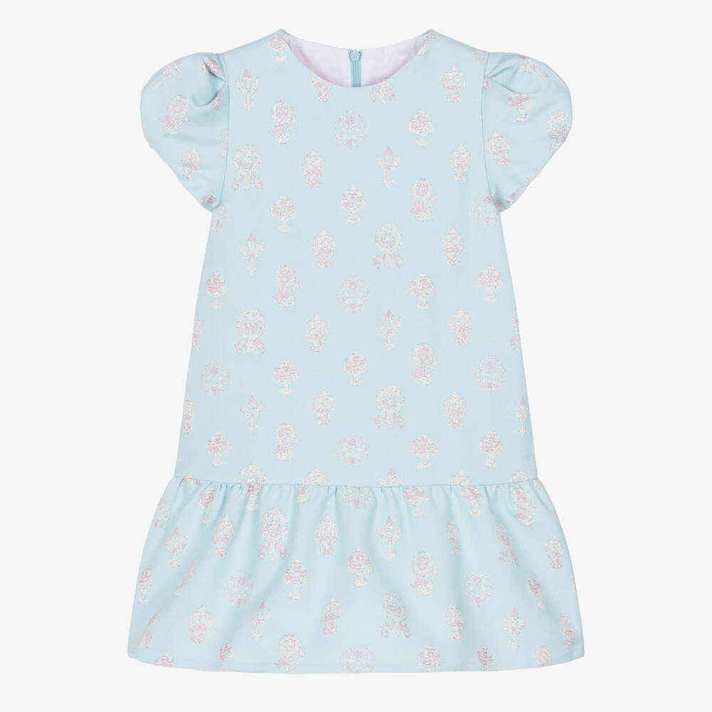 Atelier Choux Paris-فستان أزرق للبنات بأكمام منتفخة من بروكاد | Childrensalon Outlet