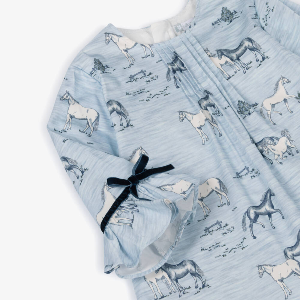Tutto Piccolo-Girls Pale Blue Cotton Horses Dress & Socks Set | Childrensalon Outlet