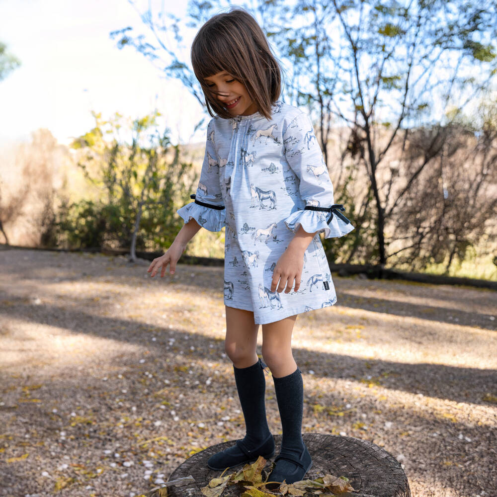 Tutto Piccolo-Girls Pale Blue Cotton Horses Dress & Socks Set | Childrensalon Outlet