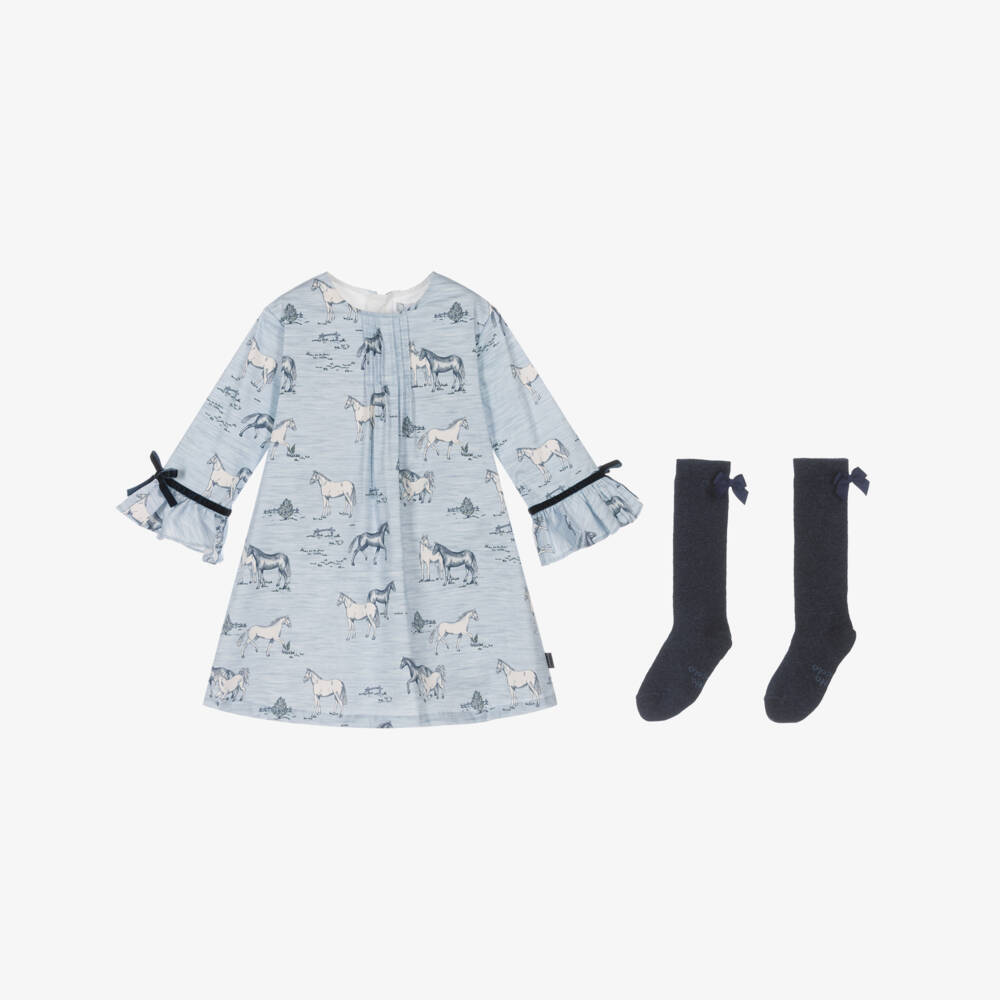 Tutto Piccolo-Girls Pale Blue Cotton Horses Dress & Socks Set | Childrensalon Outlet
