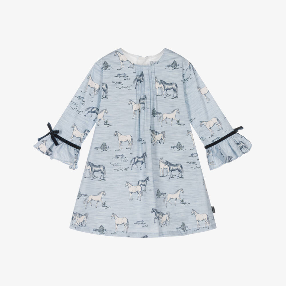 Tutto Piccolo-Girls Pale Blue Cotton Horses Dress & Socks Set | Childrensalon Outlet
