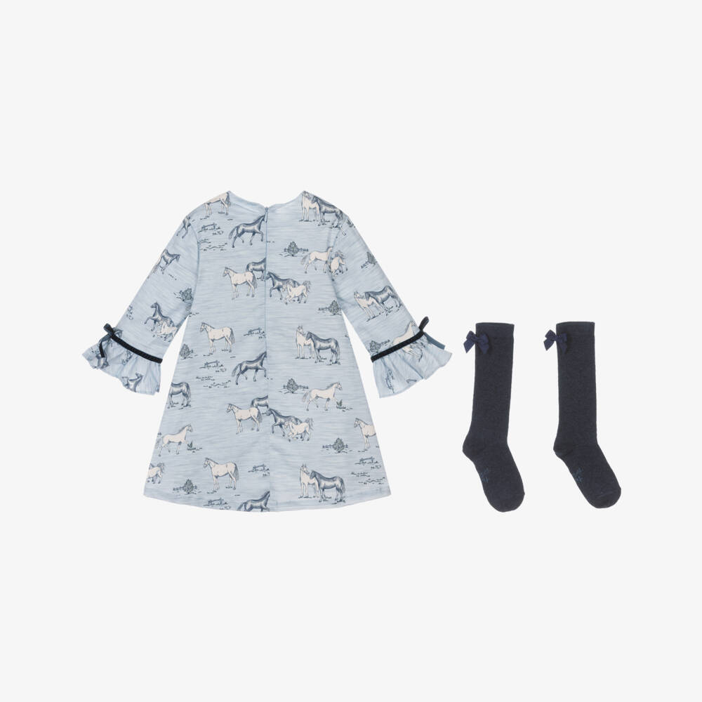 Tutto Piccolo-Girls Pale Blue Cotton Horses Dress & Socks Set | Childrensalon Outlet