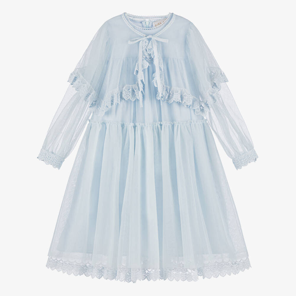 Petite Amalie-Girls Pale Blue Lace-Trimmed Tulle Dress & Cape Set | Childrensalon Outlet