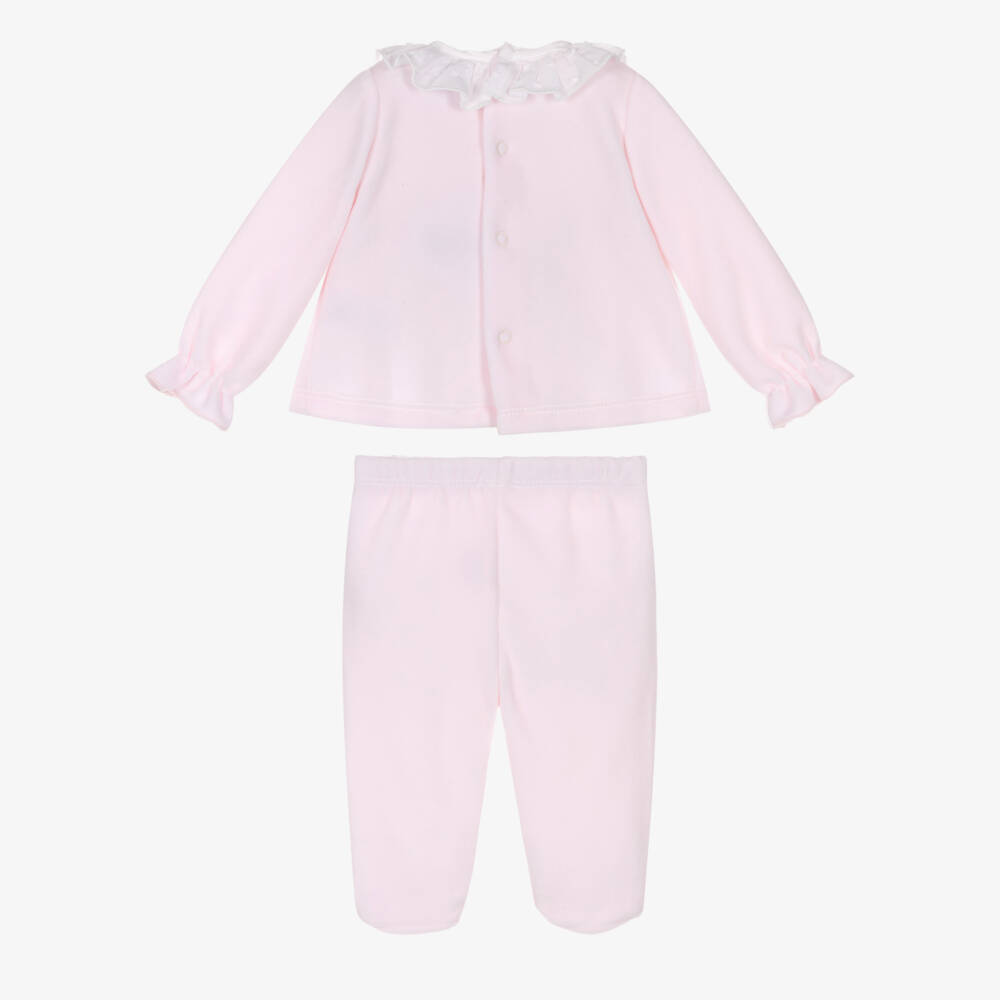 Babidu-Girls Pale Pink 2 Piece Velour Babygrow with Plumeti Trim | Childrensalon Outlet