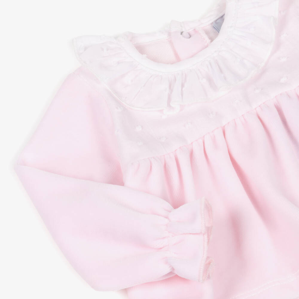 Babidu-Girls Pale Pink 2 Piece Velour Babygrow with Plumeti Trim | Childrensalon Outlet