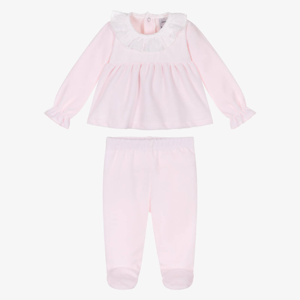 Babidu-Girls Pale Pink 2 Piece Velour Babygrow with Plumeti Trim | Childrensalon Outlet