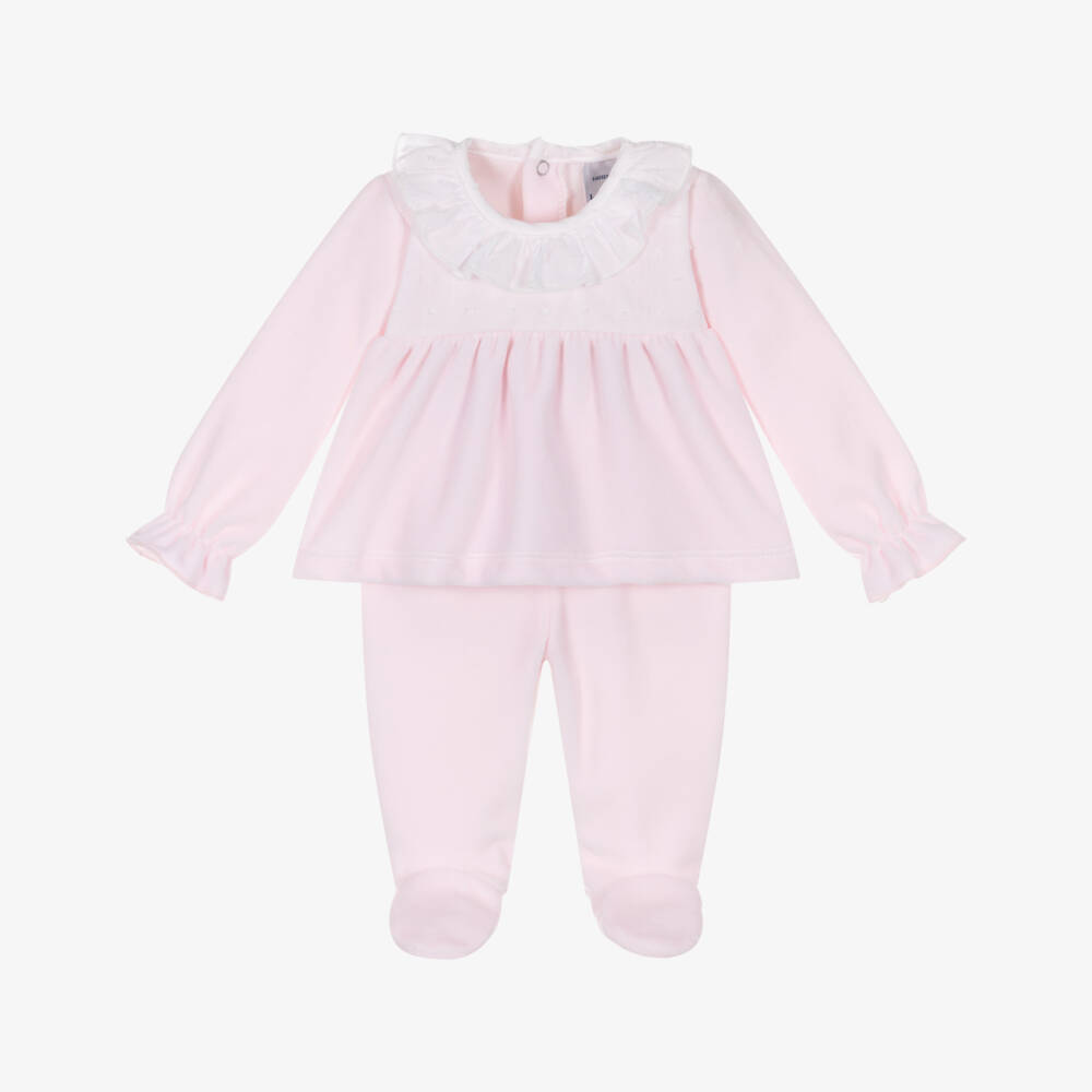 Babidu-Girls Pale Pink 2 Piece Velour Babygrow with Plumeti Trim | Childrensalon Outlet
