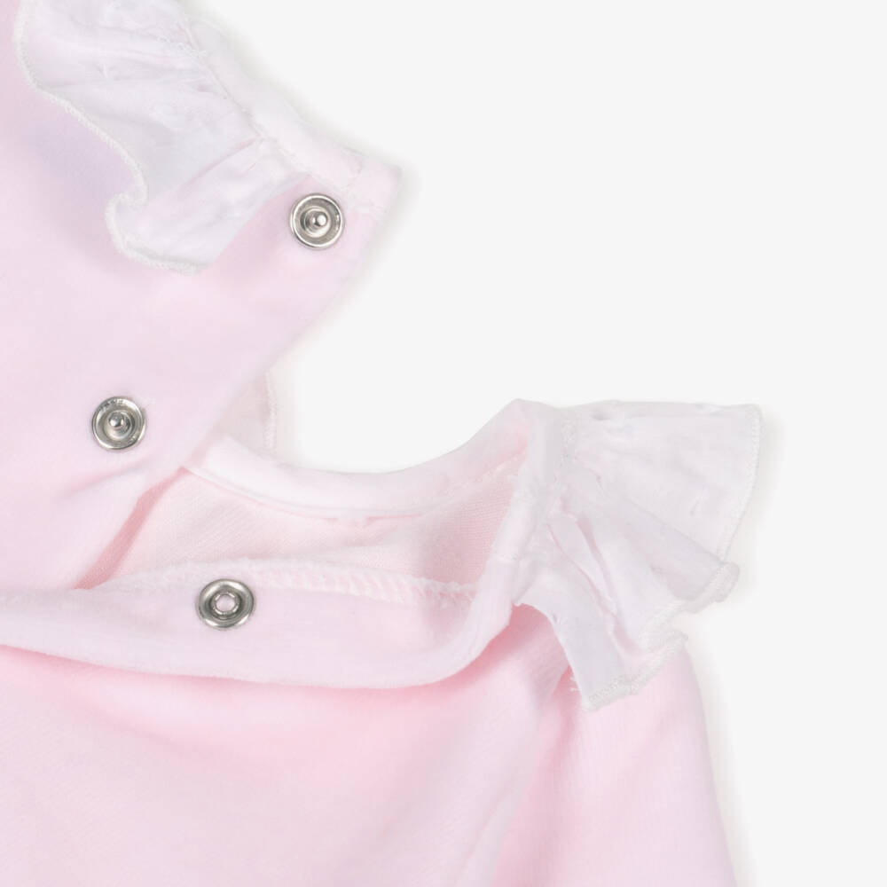 Babidu-Girls Pale Pink 2 Piece Velour Babygrow with Plumeti Trim | Childrensalon Outlet