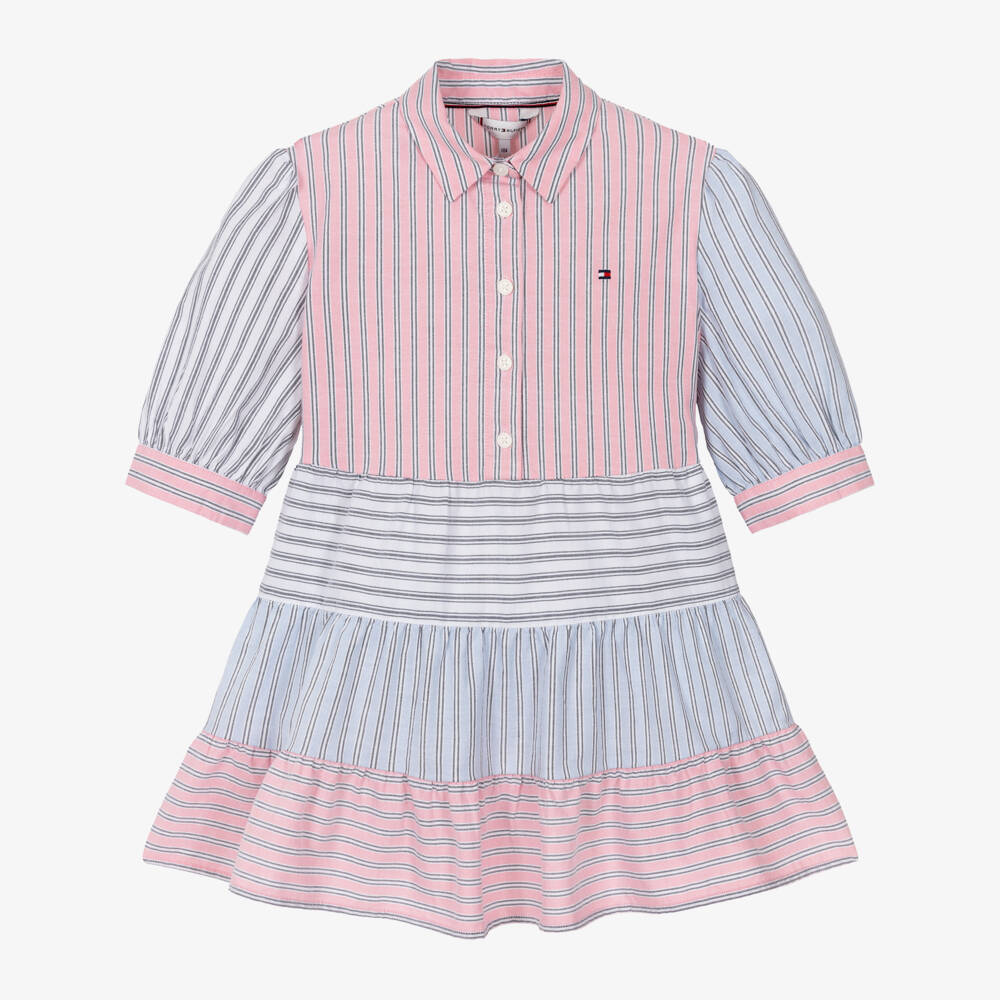 Tommy Hilfiger-Girls Pale Pink & Blue Stripe Cotton Colourblock Shirt Dress | Childrensalon Outlet