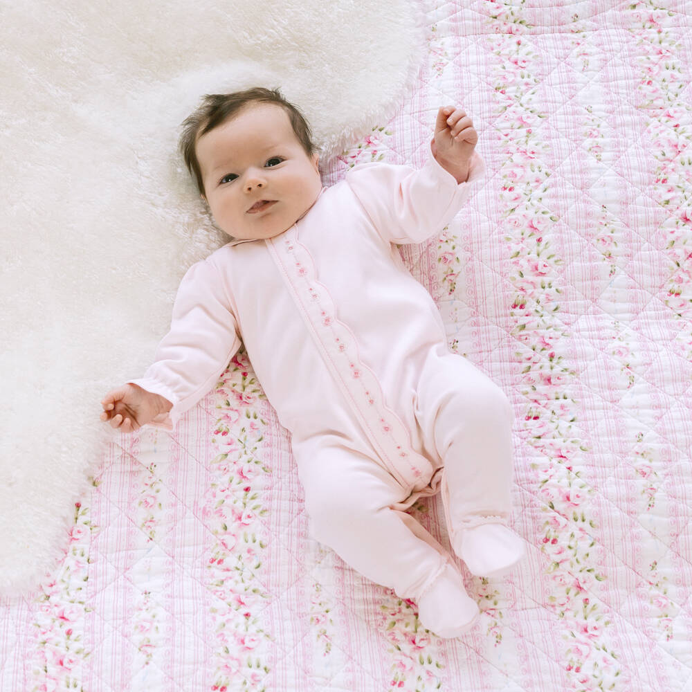 Emile et Rose-Girls Pale Pink Cotton Babygrow with Floral Embroidery | Childrensalon Outlet