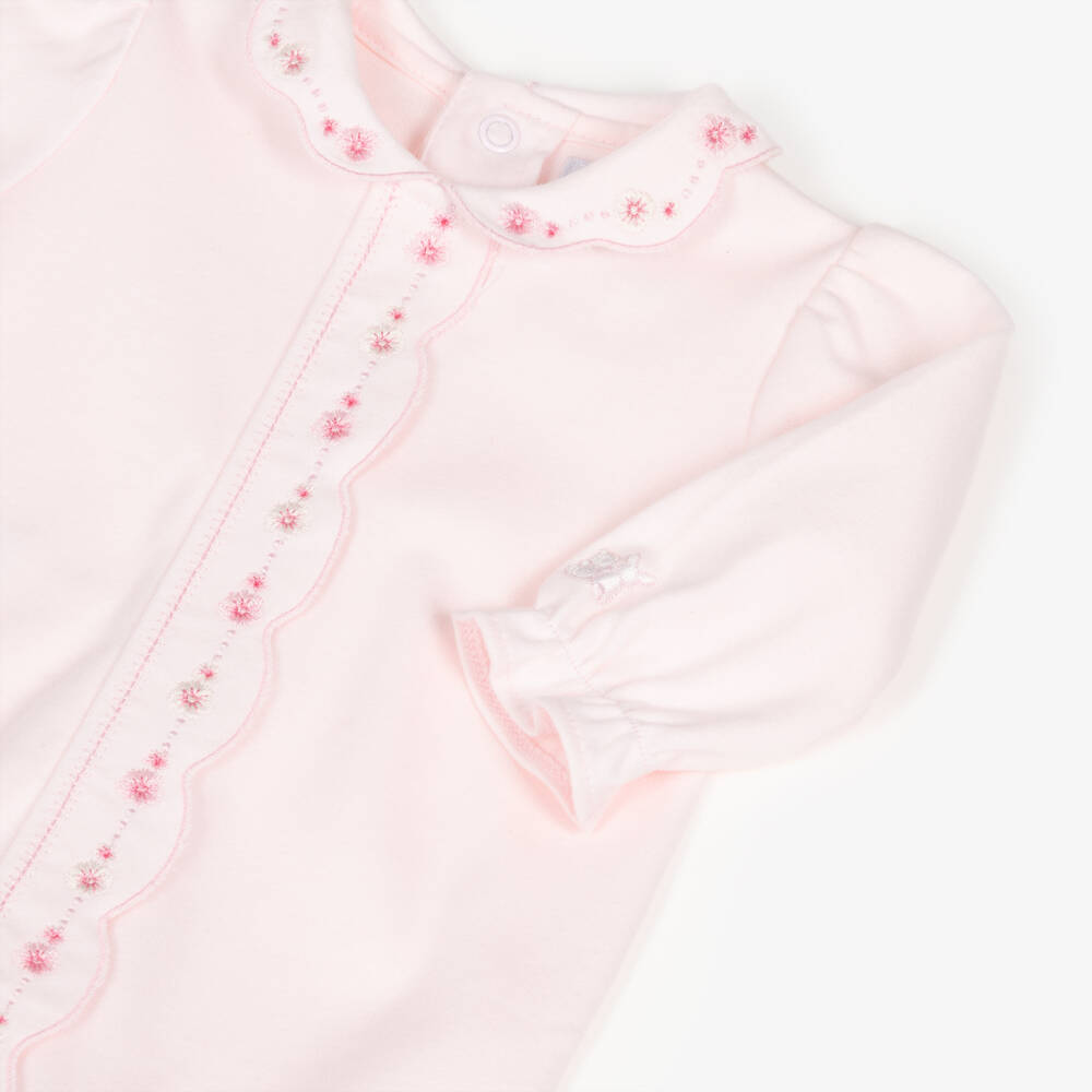 Emile et Rose-Girls Pale Pink Cotton Babygrow with Floral Embroidery | Childrensalon Outlet
