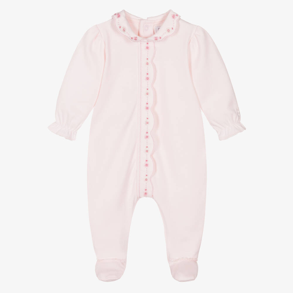 Emile et Rose-Girls Pale Pink Cotton Babygrow with Floral Embroidery | Childrensalon Outlet