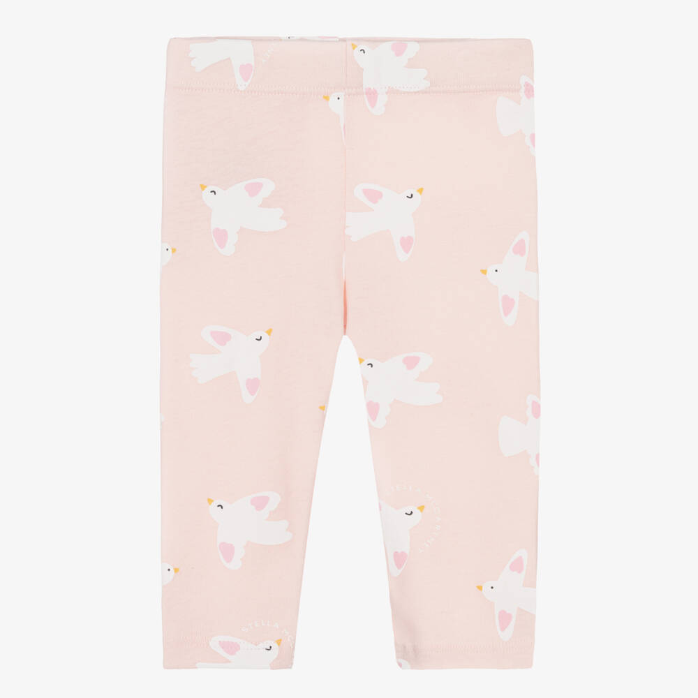 Stella McCartney Kids-Girls Pale Pink Cotton Jersey Leggings with White Bird Print | Childrensalon Outlet