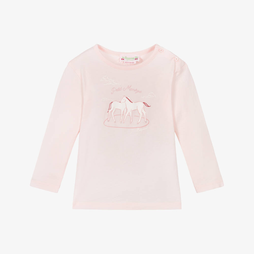 Bonpoint-Girls Pale Pink Cotton Jersey Top with Horse Print | Childrensalon Outlet