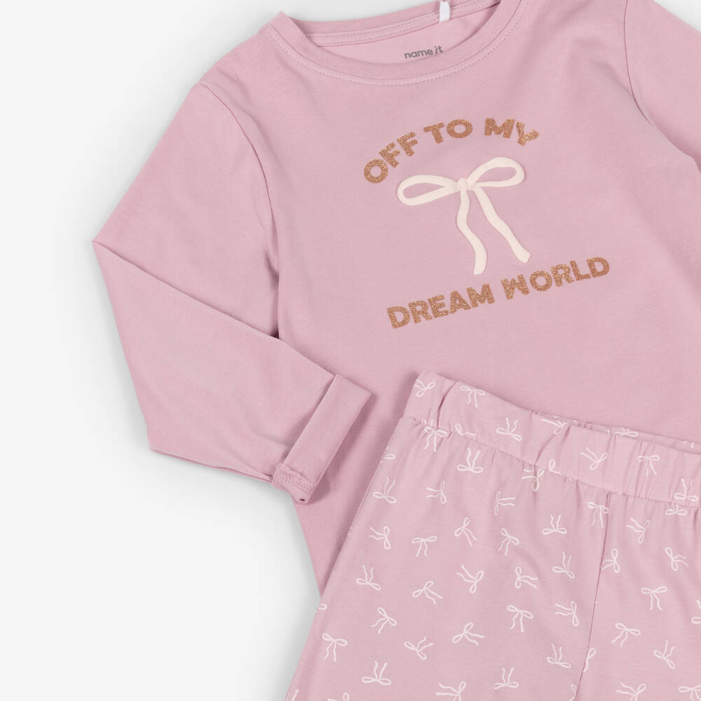 NAME IT-Girls Pale Pink Cotton Pyjamas with Bow Print | Childrensalon Outlet