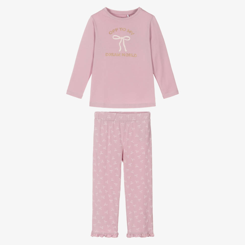 NAME IT-Girls Pale Pink Cotton Pyjamas with Bow Print | Childrensalon Outlet