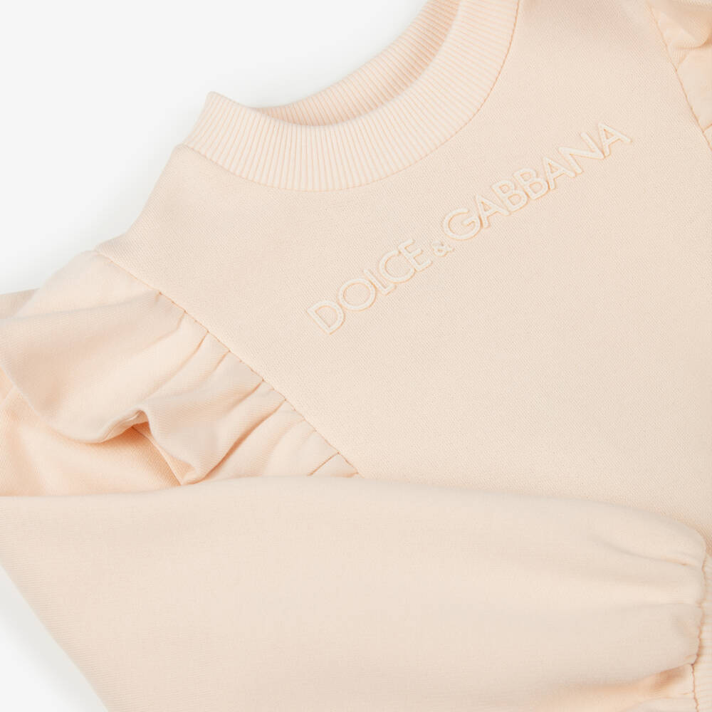 Dolce & Gabbana-Girls Pale Pink Cotton Sweatshirt with Ruffle Trim | Childrensalon Outlet