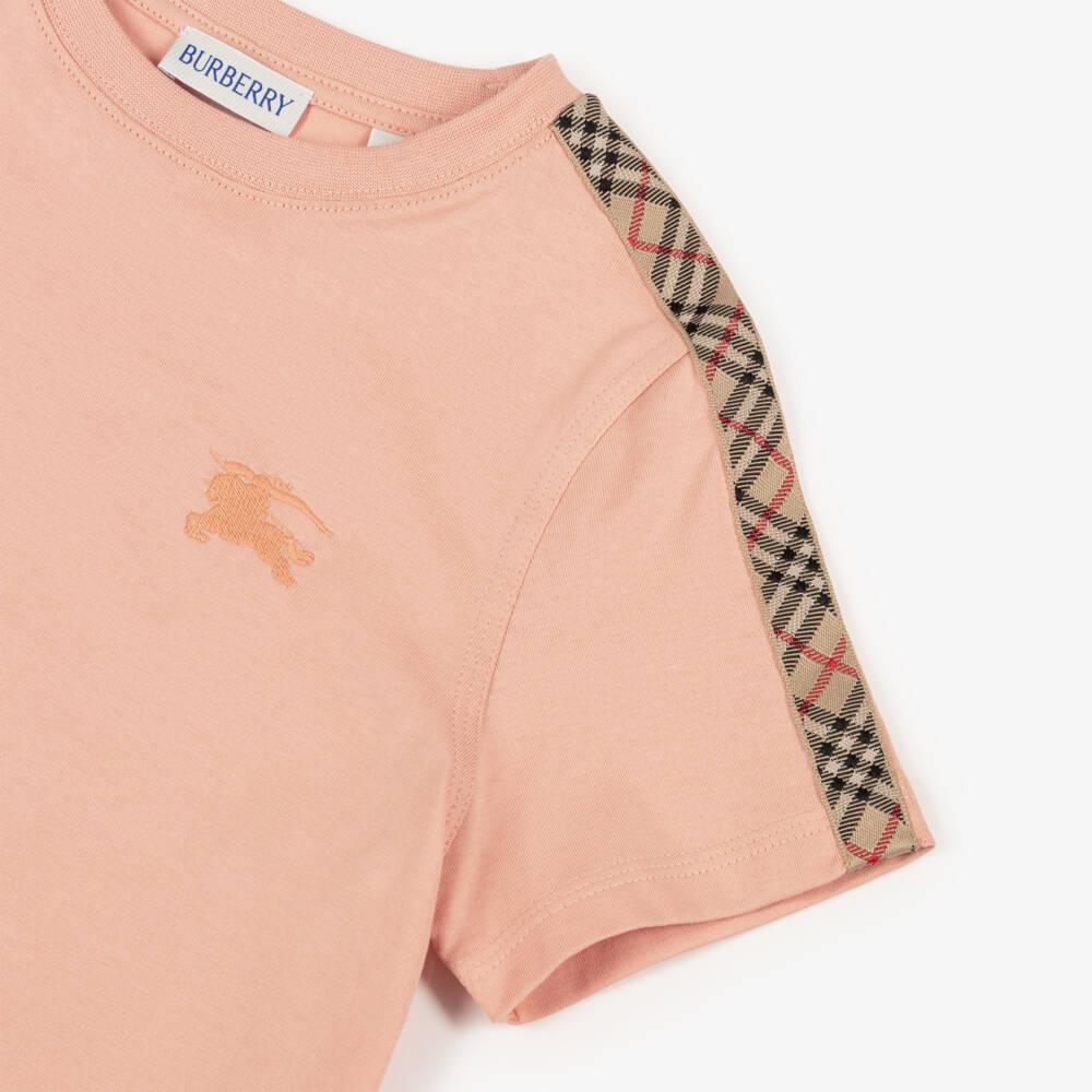 Burberry-Girls Pale Pink Cotton T-Shirt with Check Tape | Childrensalon Outlet
