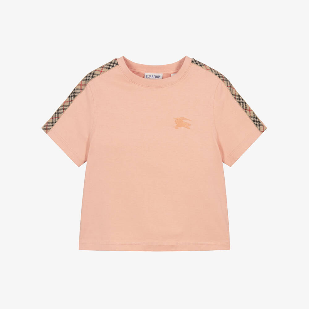 Burberry-Girls Pale Pink Cotton T-Shirt with Check Tape | Childrensalon Outlet