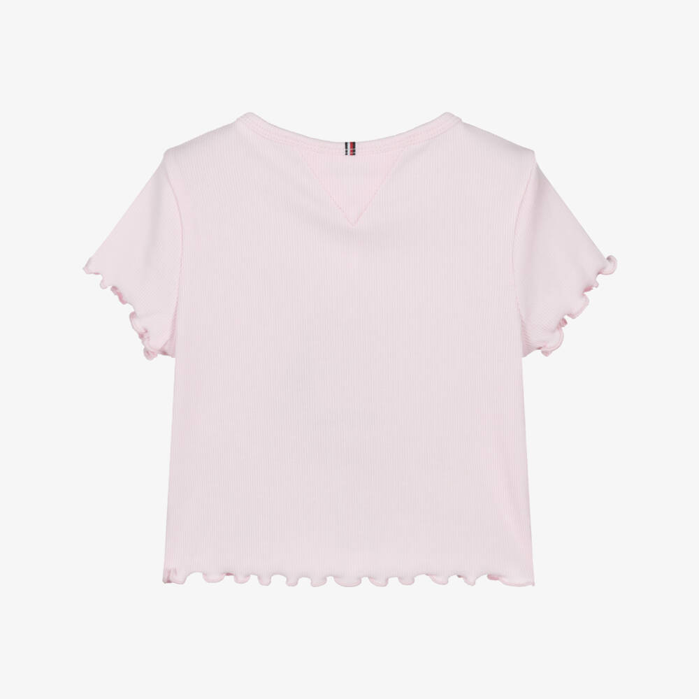 Tommy Hilfiger-Girls Pale Pink Cotton T-Shirt with Curly Hem | Childrensalon Outlet