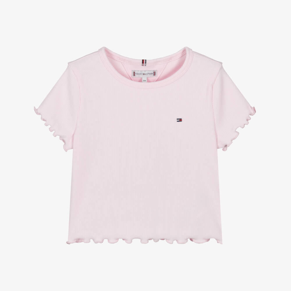 Tommy Hilfiger-Girls Pale Pink Cotton T-Shirt with Curly Hem | Childrensalon Outlet