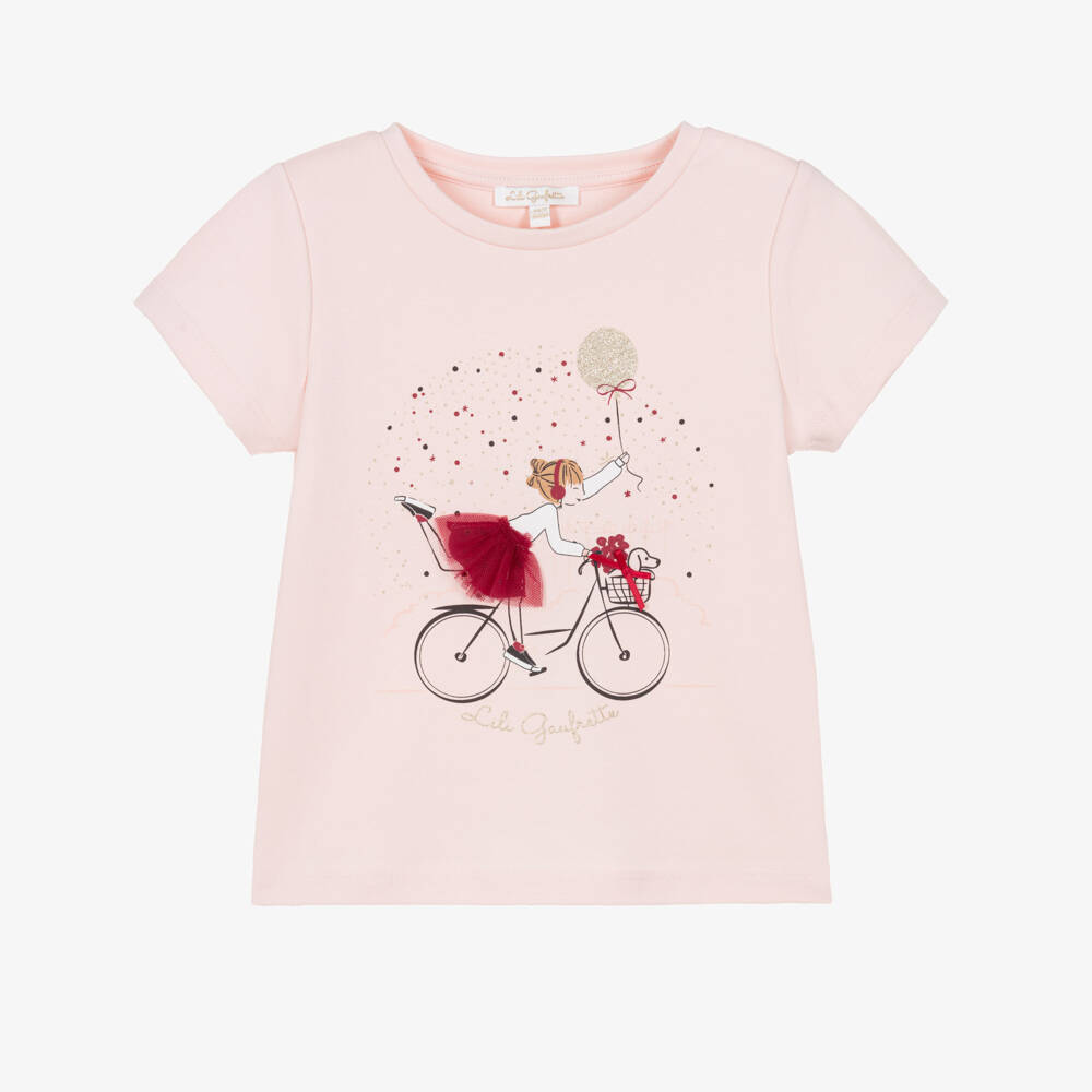 Lili Gaufrette-Girls Pale Pink Cotton T-Shirt with Girl & Bicycle | Childrensalon Outlet