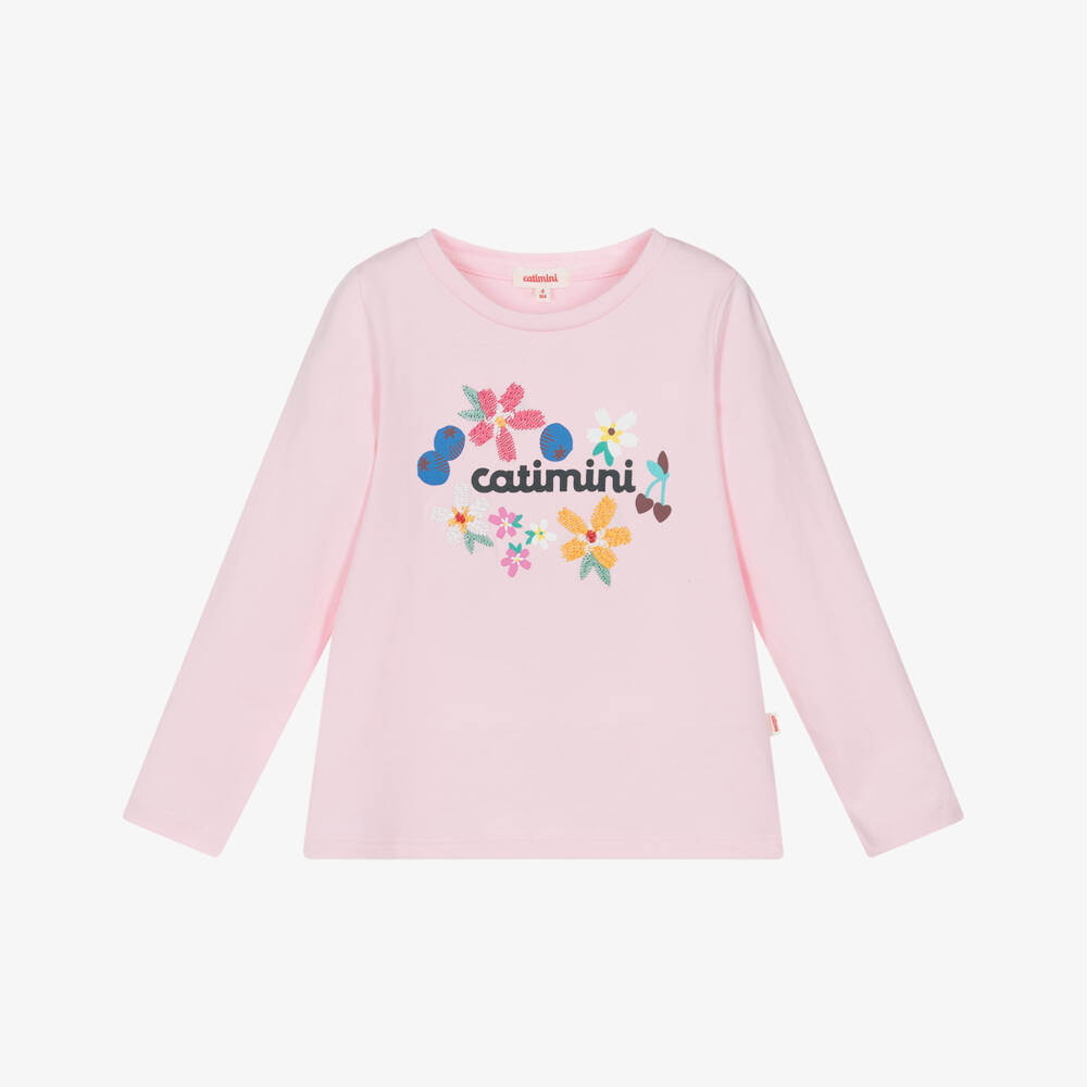 Catimini-Girls Pale Pink Cotton Top with Embroidered Flowers | Childrensalon Outlet