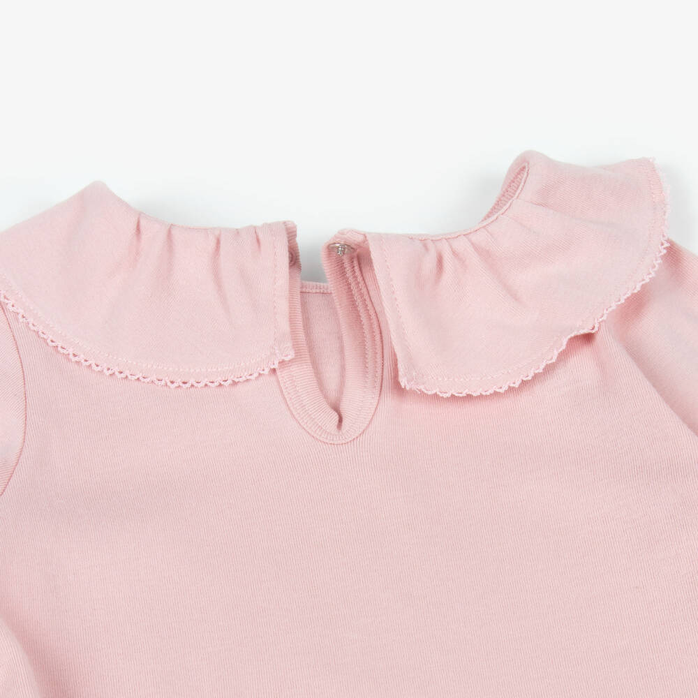 Petit Bateau-Girls Pale Pink Cotton Top with Ruffle Collar | Childrensalon Outlet