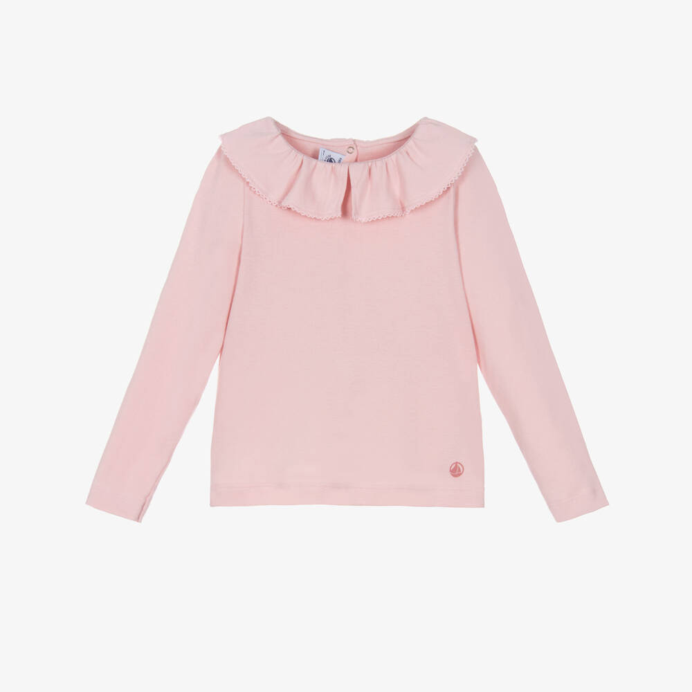 Petit Bateau-Girls Pale Pink Cotton Top with Ruffle Collar | Childrensalon Outlet