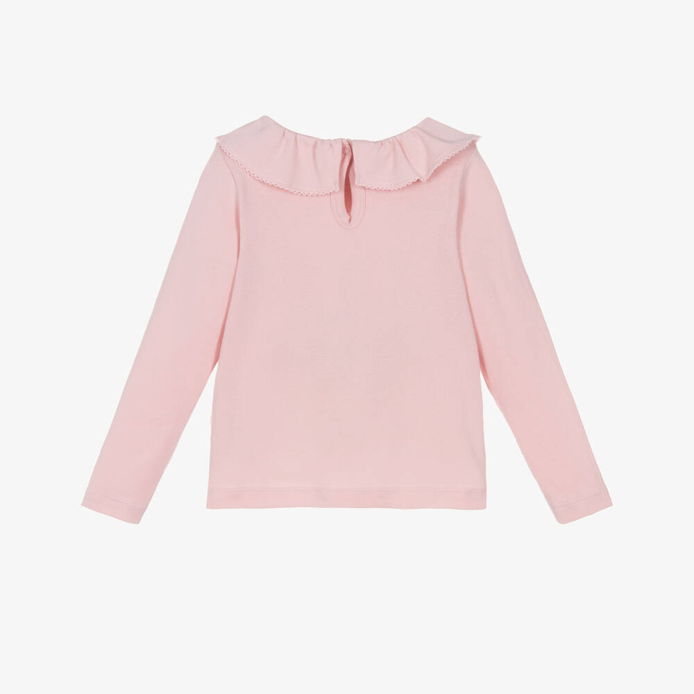Petit Bateau-Girls Pale Pink Cotton Top with Ruffle Collar | Childrensalon Outlet