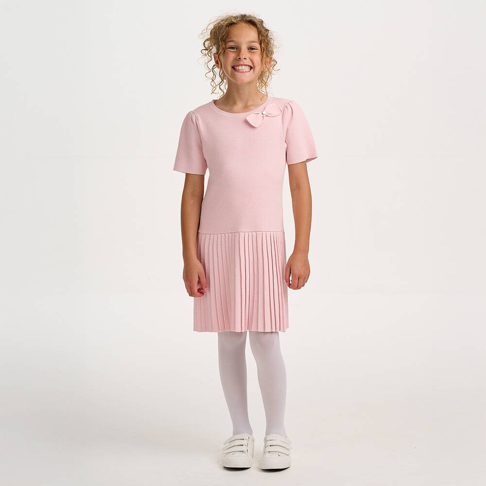 Lili Gaufrette-Girls Pale Pink Knitted Cotton Dress with Bow | Childrensalon Outlet