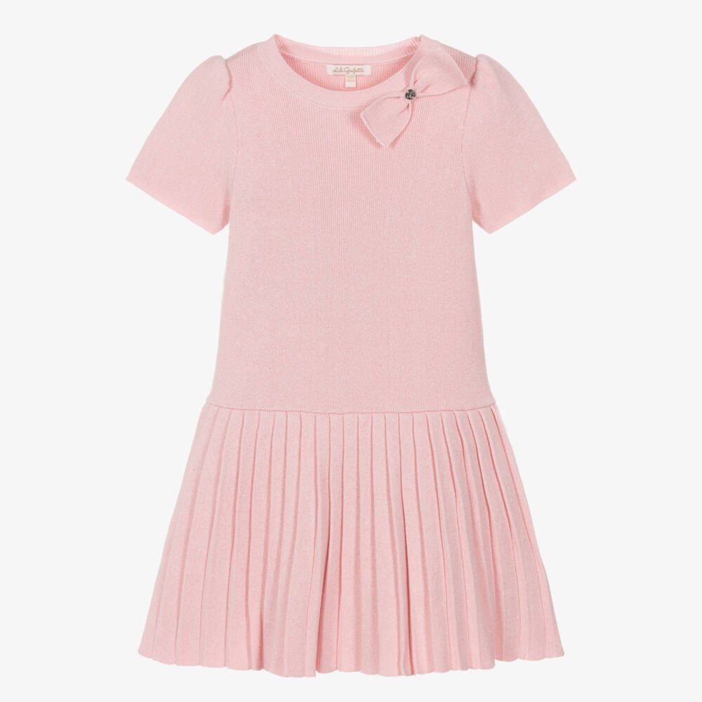 Lili Gaufrette-Girls Pale Pink Knitted Cotton Dress with Bow | Childrensalon Outlet