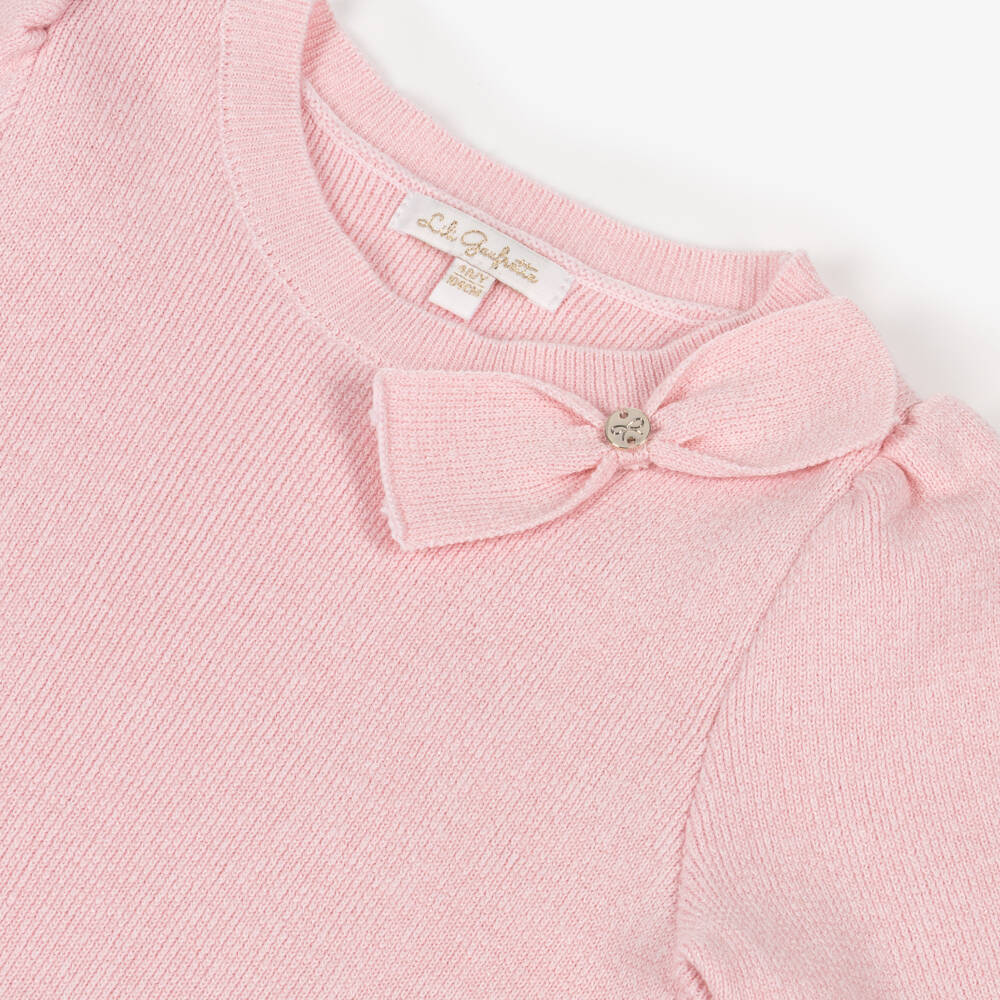 Lili Gaufrette-Girls Pale Pink Knitted Cotton Dress with Bow | Childrensalon Outlet
